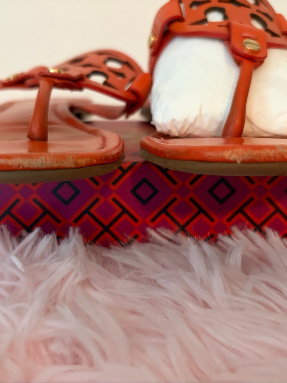 Tory Burch Orange Leather Logo Thong Sandals - Picture 4 of 9